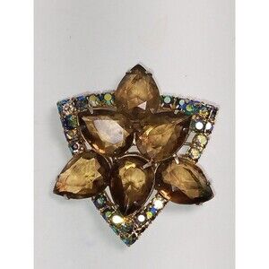 2" Smoked Topaz Star Shaped Rhinestone Broach With Borealis Stones vtg
